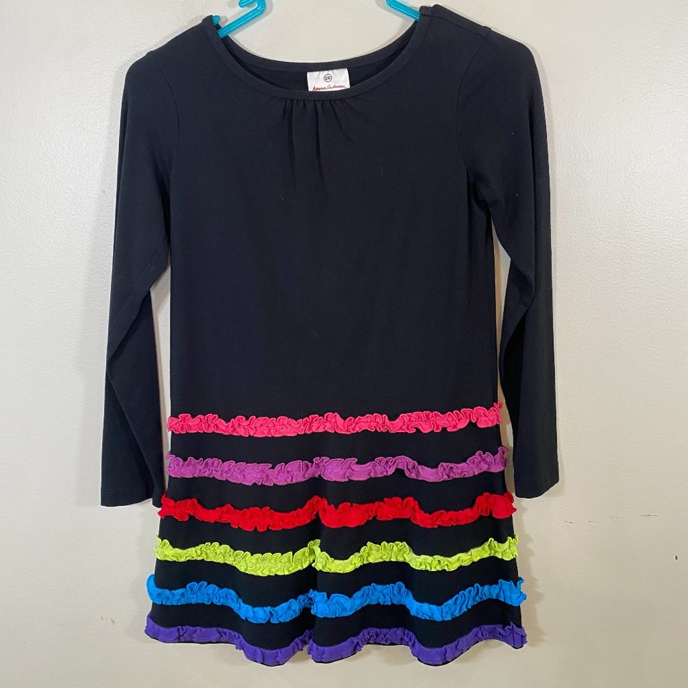 Hanna Andersson Black Dress with Rainbow Ruffles 130cm